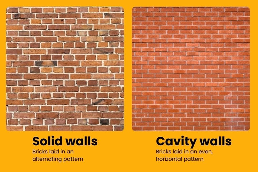 Diagram showing brick patterns of solid walls vs cavity walls. Solid walls have bricks in an alternating pattern. Cavity walls have bricks in an even, horizontal pattern.