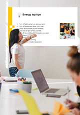 Person presenting slides on energy saving at a business meeting.