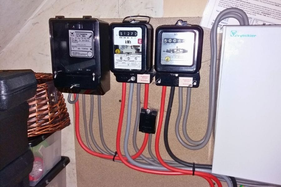 An example of a Radio Teleswitch Service (RTS) meter (black box on left). Used with permisison.