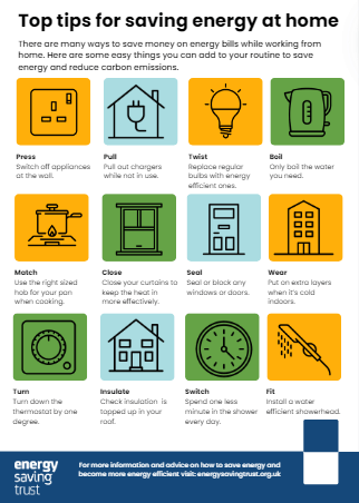 Graphic showing top tips for energy saving at home